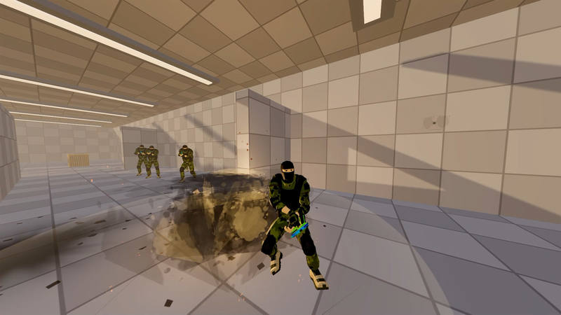A grenade has just gone off in a hall. Smoke and dust hang in the air. A player in camouflage runs out of it with a handgun.