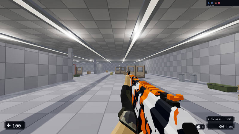 A long hall. Lights run along the ceiling from end to end, and there are crates, barrels and target boards along the walls. The rifle is held at the hip.