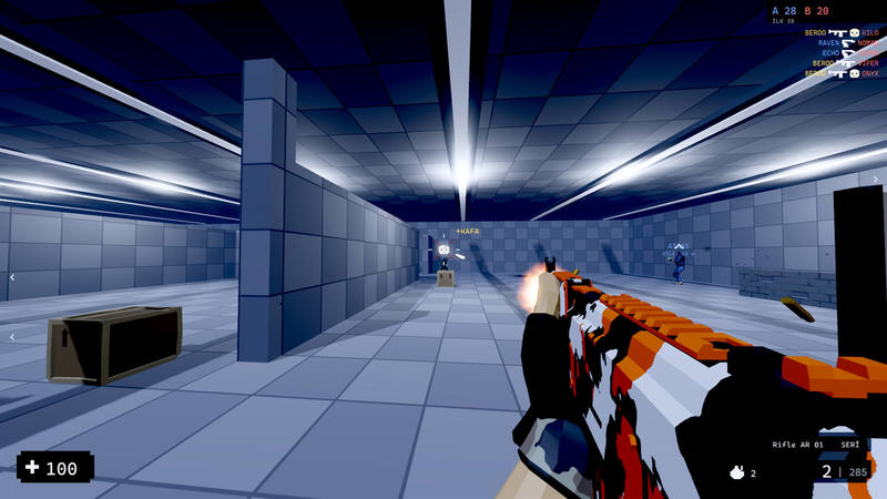 The player fires the rifle down a long hall. The muzzle is lit up. A mark over the enemy ahead shows a headshot. The list in the corner shows who shot whom.
