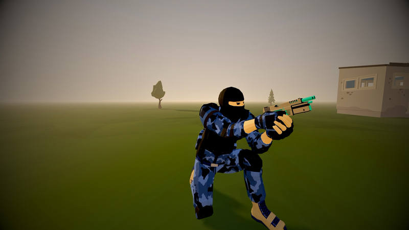 A player kneels on open grass and aims a handgun. A tree and a small building stand behind, in the haze.