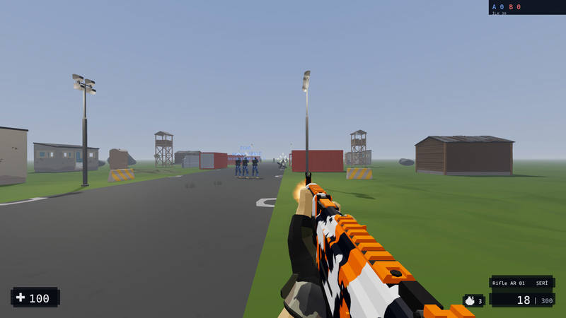 The player fires the rifle outdoors. Enemies are on the road ahead, the muzzle is lit up and the hit mark has opened around the crosshair.
