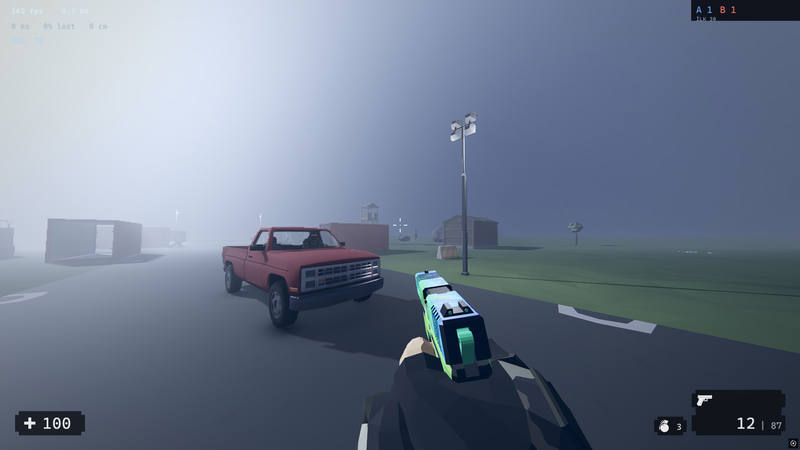 The player walks down a foggy road with a handgun out. A pickup stands on the road, and a watchtower and a shed fade into the mist behind it.