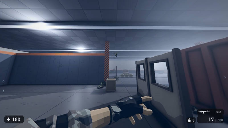 The player has just thrown a grenade down a hall. The hand is still out, the grenade is in the air and an enemy waits by the sandbags.