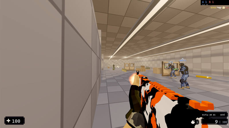 The player fires the rifle in a bright hall. Enemies take cover behind boards and crates further down. The gun name and ammo sit in the corner.