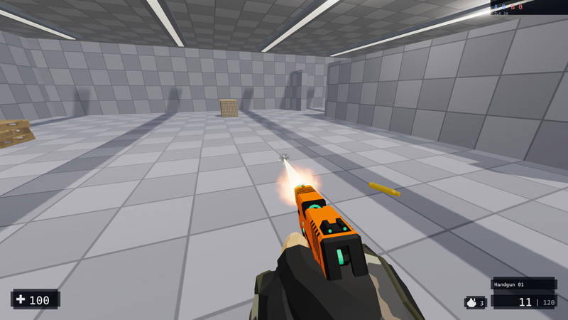 The player fires the handgun in a hall. The muzzle is lit up, an empty case is in the air, and the ammo count is in the corner.