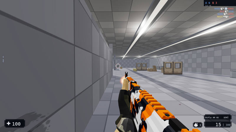 The player fires down a side corridor. The list in the top corner shows who shot whom, and the crosshair is marking a hit.