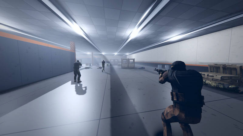 A player kneels with a rifle in a bright hall while two teammates run ahead toward the boards.