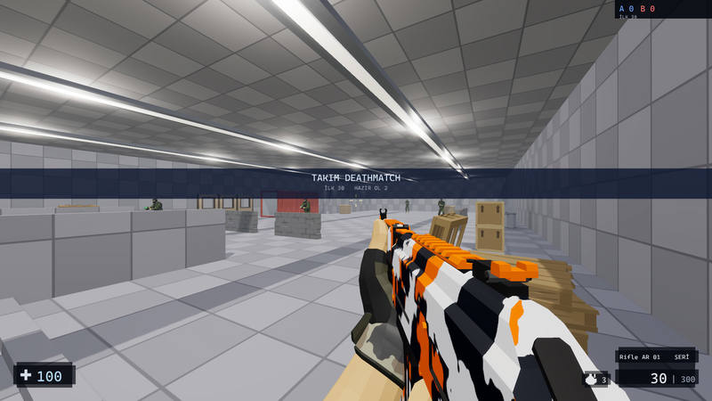 The start of a match. The mode and the winning score sit across the middle of the screen. Enemies stand behind the low walls.