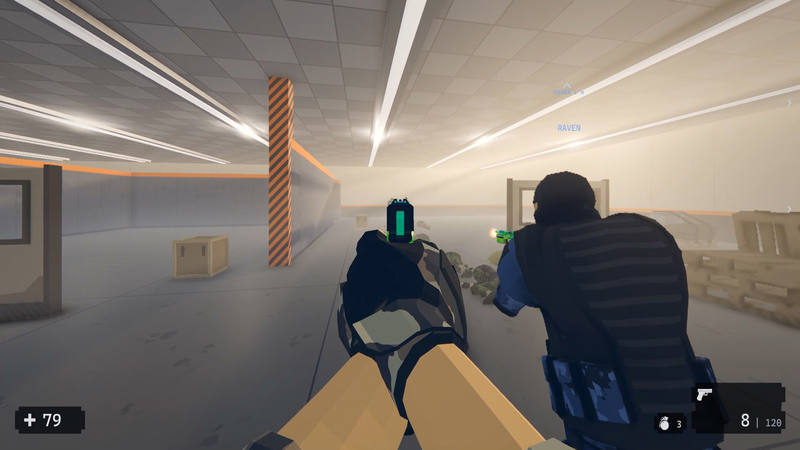 The player aims the handgun down a hall next to a teammate who is firing. The front sight is in the middle of the screen.