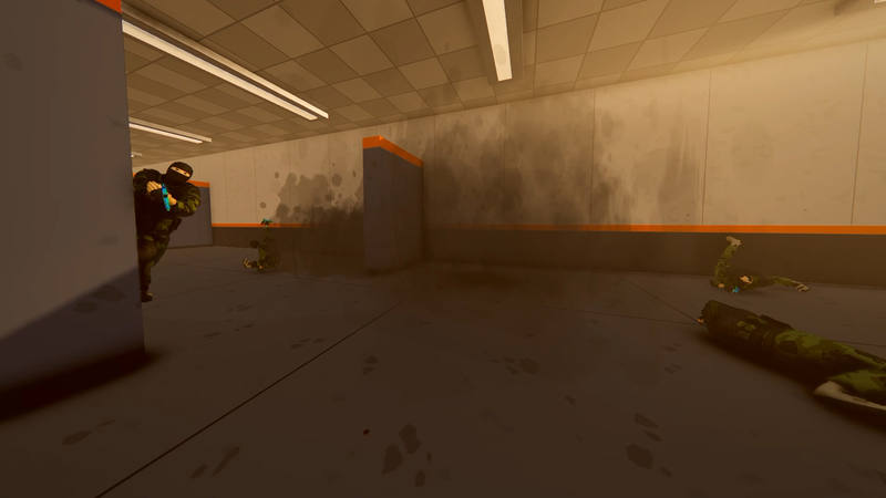 A masked player leans out from a pillar in a warm lit corridor. Smoke has blackened the wall and fallen players lie on the floor.