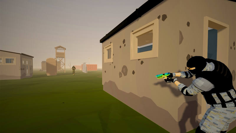 A player waits at the corner of a bullet marked house with a handgun out. Somebody else is running across the grass in the distance, past a watchtower.